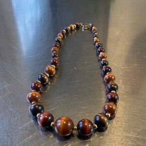 VINTAGE ART DECO BROWN TIGER EYE BALL BEAD BEADED GEMSTONE NECKLACE ANTIQUE